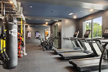A gym with treadmills, exercise bikes, and a punching bag.